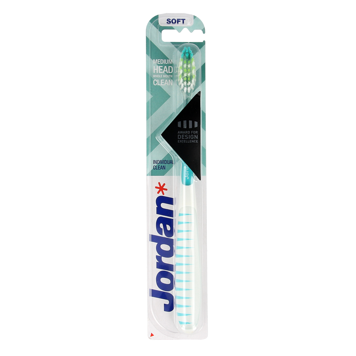 Jordan soft toothbrush, individual clean Tandenborstel with blue and white handle, shown on a plain background.