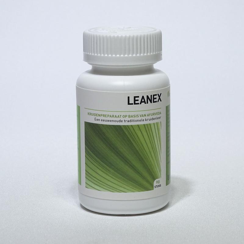 Ayurveda Health Leanex herbal capsules in a bottle, part of Ayurveda Health kruidenpreparaten supplement line.