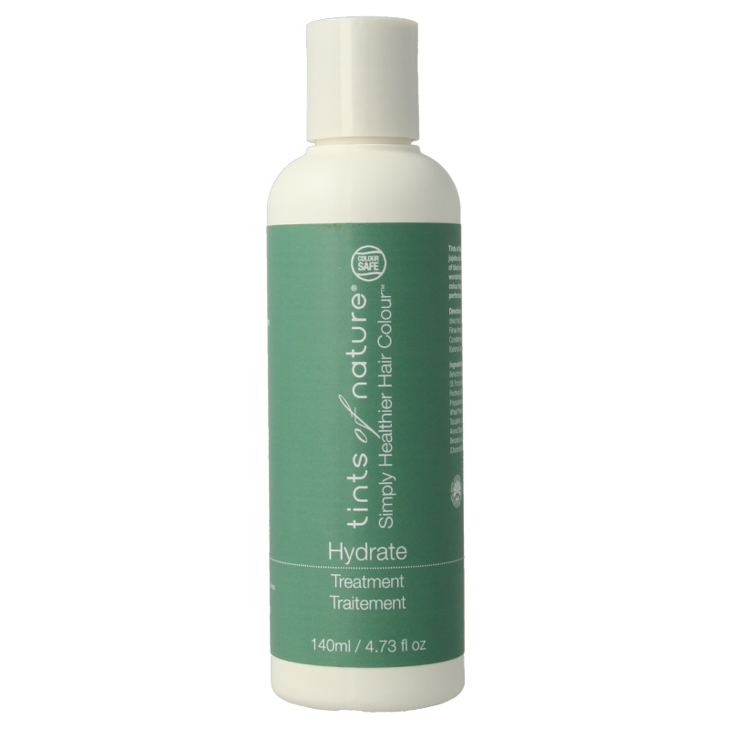 Tints Of Nature Hydrate Hair Treatment 140ml bottle showing the natural herbal formula for nourishing hair care.
