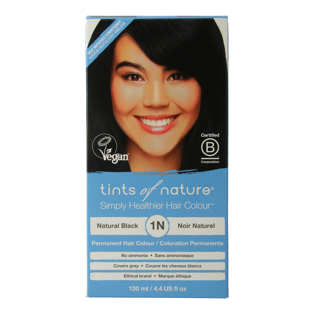 Tints Of Nature 1N zwart hair coloring set with natural black hair dye, featuring the product packaging and applicator.