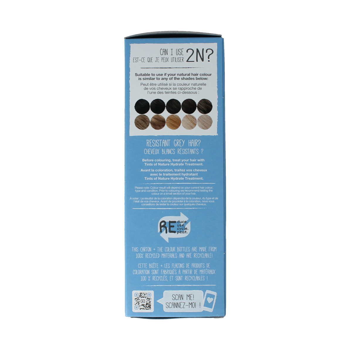 Tints Of Nature 2N zeer donkerbruin hair dye kit showing the box and coloring cream for natural dark brown hair coloring.