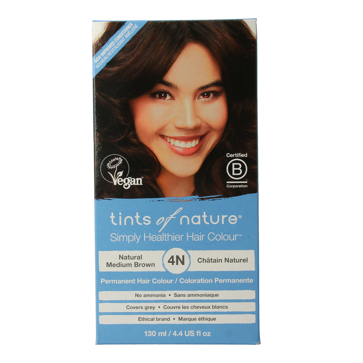 Tints Of Nature 4N middelbruin 1.00 hair coloring set with natural brown shades, shown in the product image.