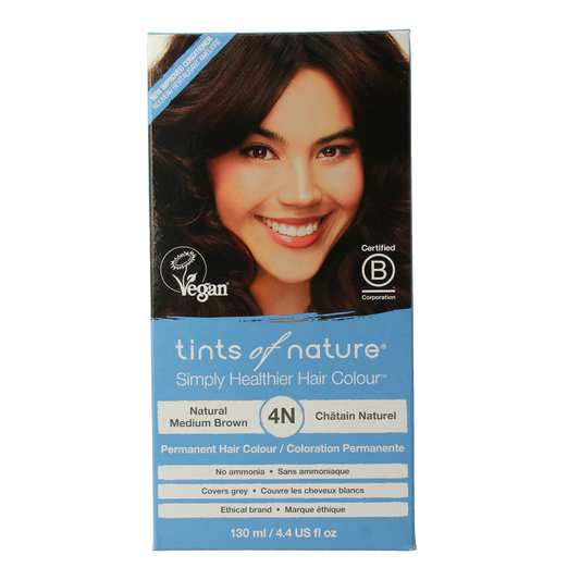 Tints Of Nature 4N middelbruin 1.00 hair coloring set with natural brown shades, shown in the product image.