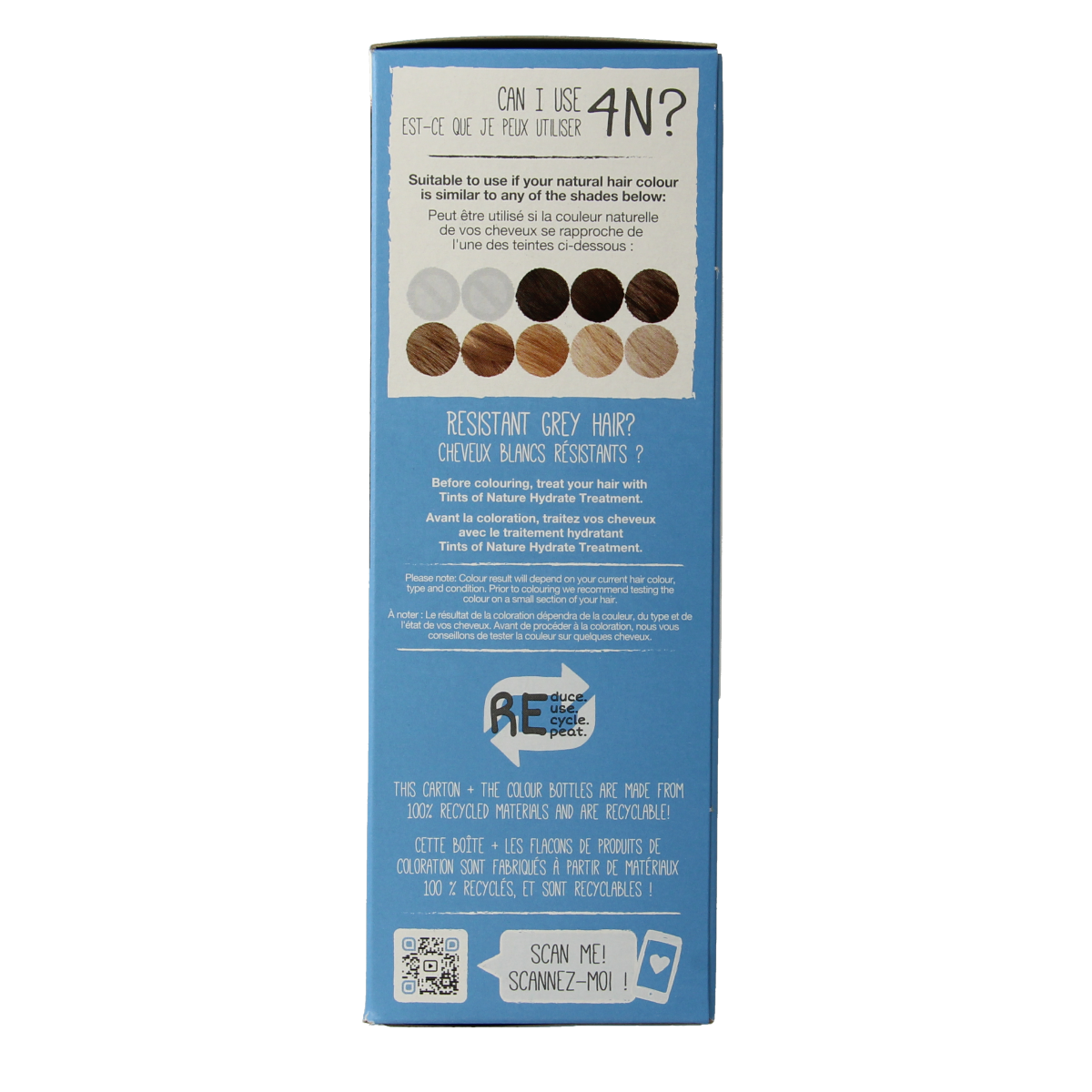 Tints of Nature 4N medium brown hair coloring set with natural hair dye and applicator tools in the packaging