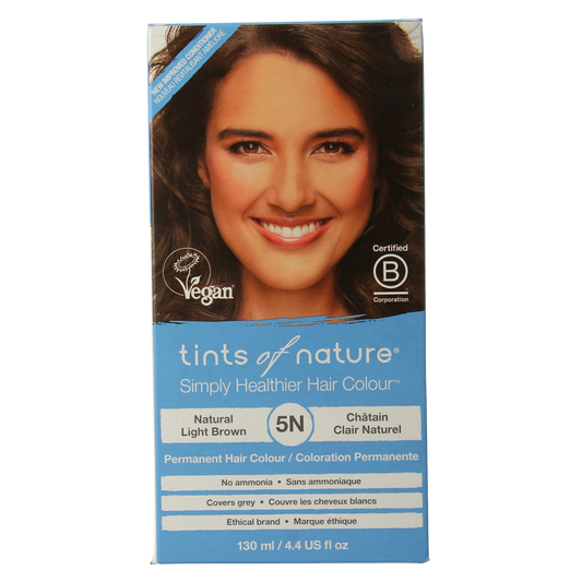 Tints Of Nature 5N light brown hair coloring kit with applicator bottle and gloves for natural-looking hair dye application.