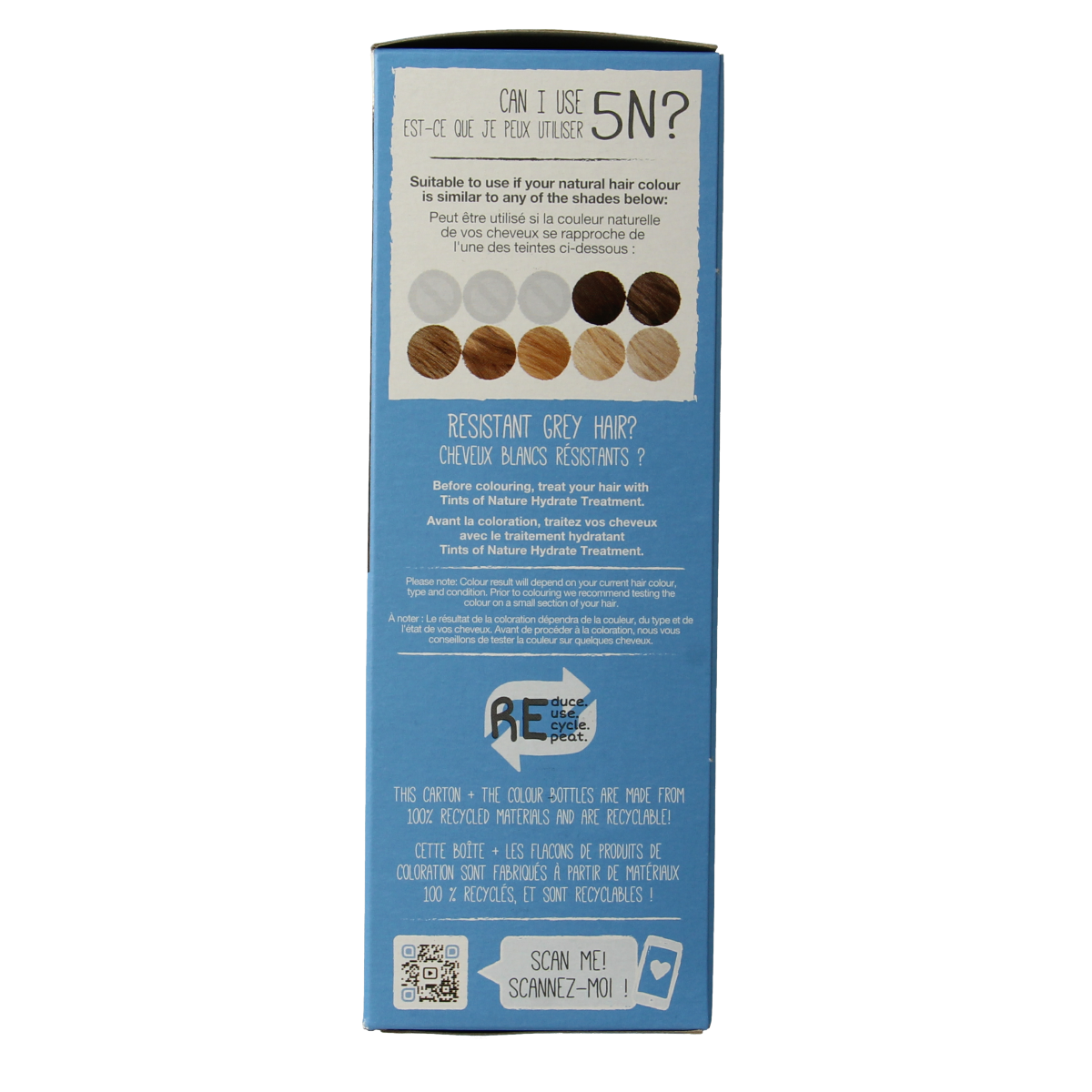 Tints Of Nature 5N light brown hair dye set showing color tubes and application tools for natural-looking hair coloring.