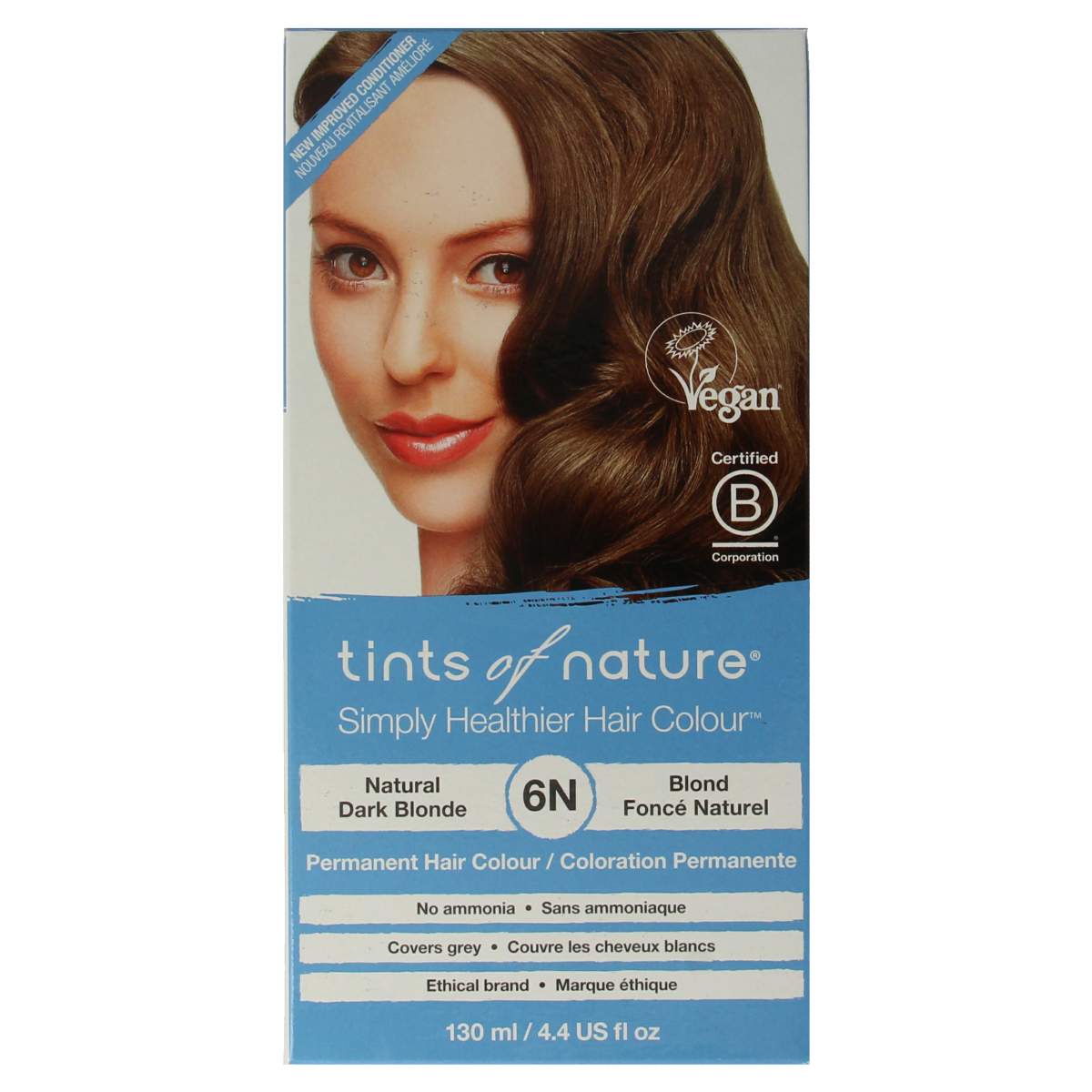 Tints Of Nature 6N donkerblond hair coloring set with natural ingredients, featuring the box and hair dye tube.