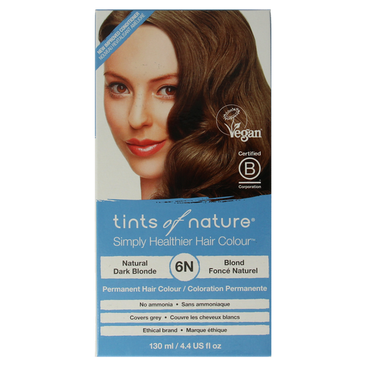 Tints Of Nature 6N donkerblond hair coloring set with natural ingredients, featuring the box and hair dye tube.