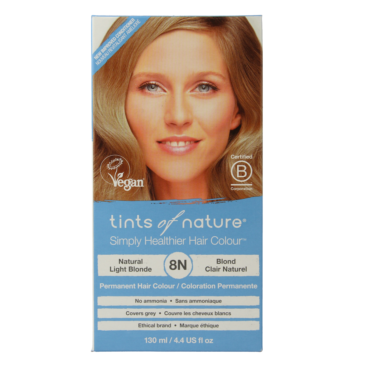 Tints Of Nature natural blond 8N hair coloring set, includes hair dye and applicator for natural light blonde results.
