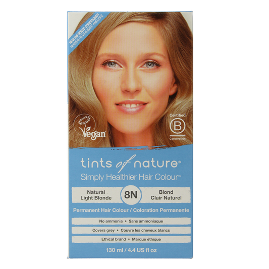 Tints Of Nature natural blond 8N hair coloring set, includes hair dye and applicator for natural light blonde results.