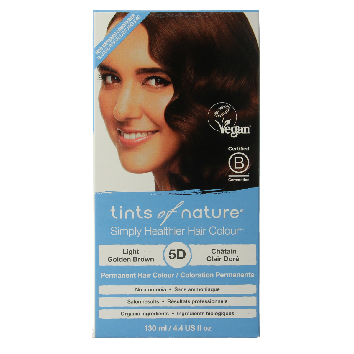 Tints Of Nature 5D licht goudbruin 1.00 hair coloring kit showing box and color swatches