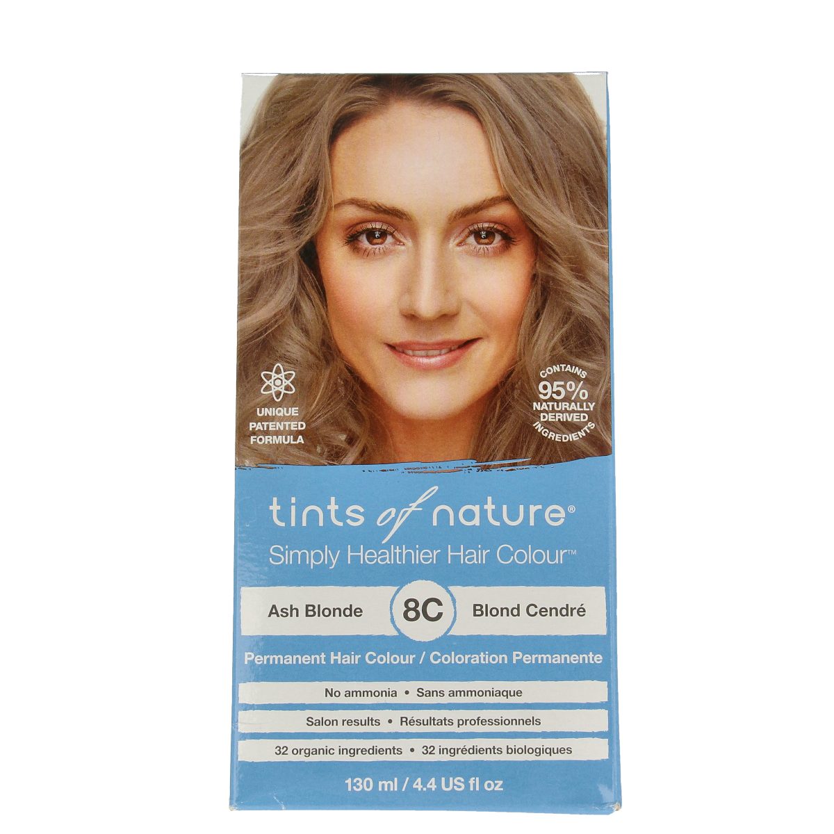 Tints Of Nature 8C light ash blonde hair coloring set with natural ingredients, showing the box and color swatch.