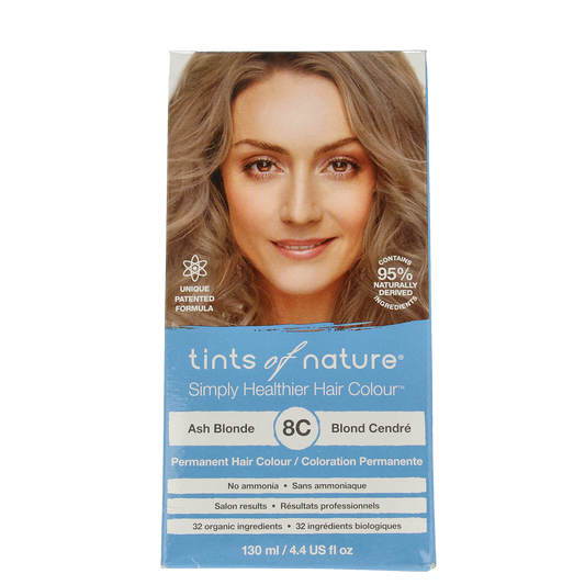 Tints Of Nature 8C light ash blonde hair coloring set with natural ingredients, showing the box and color swatch.
