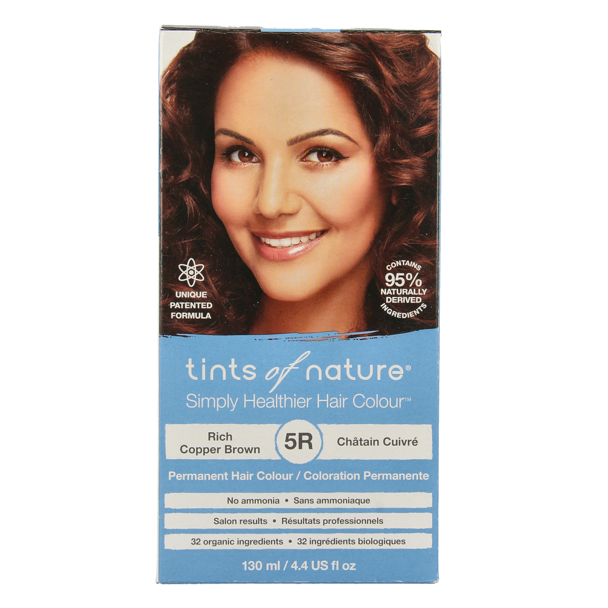 Tints Of Nature 5R koperbruin hair coloring set with natural brown and red shades, featuring hair dye bottles and applicator tools.