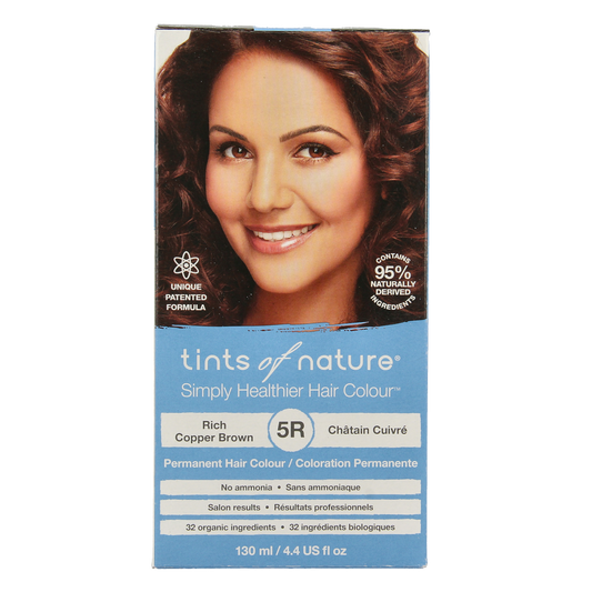Tints Of Nature 5R koperbruin hair coloring set with natural brown and red shades, featuring hair dye bottles and applicator tools.