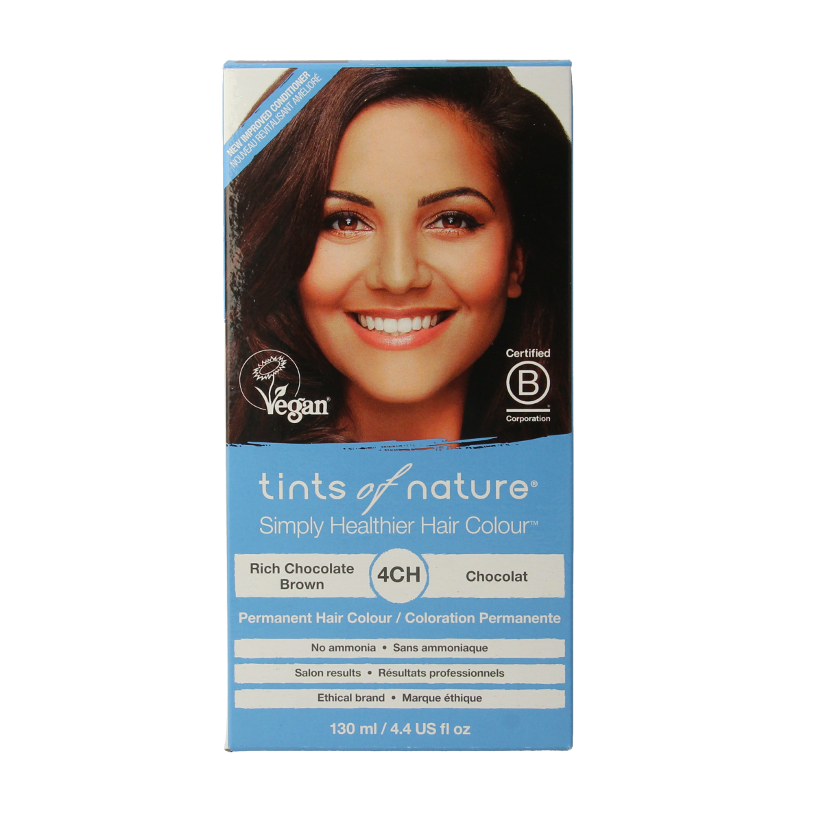 Tints Of Nature 4CH chocolate hair coloring tube, 130ml, natural hair dye product with rich chocolate shade showing in the image