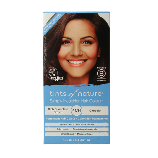 Tints Of Nature 4CH chocolate hair coloring tube, 130ml, natural hair dye product with rich chocolate shade showing in the image