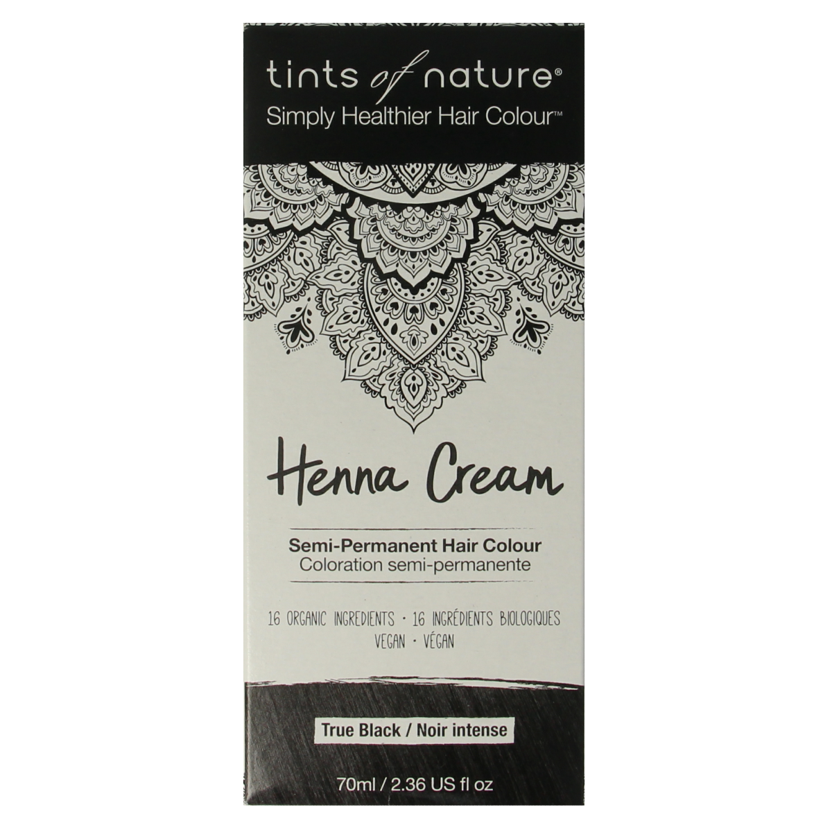 Tints Of Nature black henna cream hair dye in 70ml tube, semi-permanent hair coloring product, black color, natural henna formula
