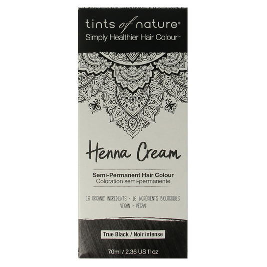Tints Of Nature black henna cream hair dye in 70ml tube, semi-permanent hair coloring product, black color, natural henna formula