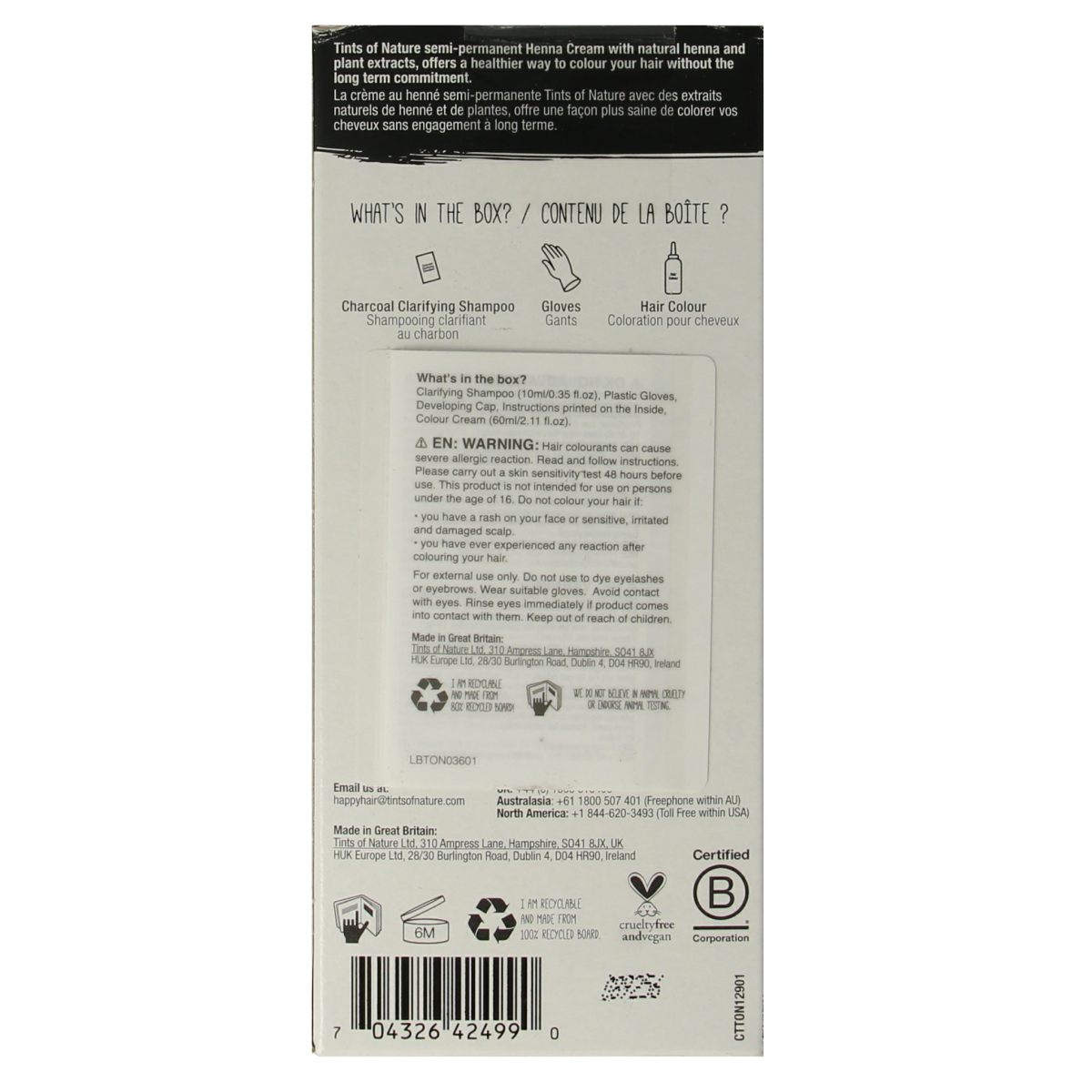 Tints Of Nature black henna cream hair dye in 70ml tube, semi-permanent hair coloring product for natural-looking dark hair