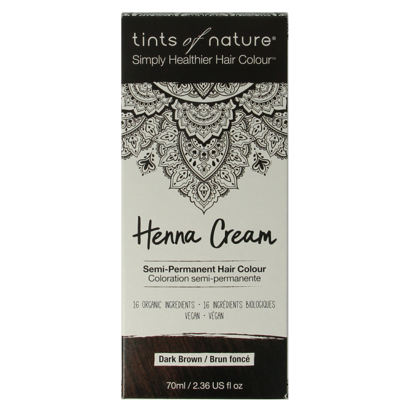 Tints Of Nature dark brown henna cream hair dye in 70ml tube, semi-permanent natural hair coloring product.