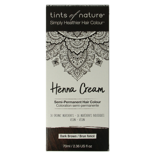 Tints Of Nature dark brown henna cream hair dye in 70ml tube, semi-permanent natural hair coloring product.
