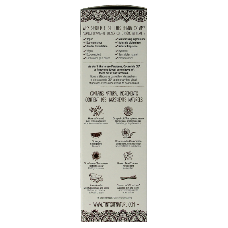 Tints Of Nature dark brown henna cream for semi-permanent hair coloring, 70ml tube with natural hair dye product.