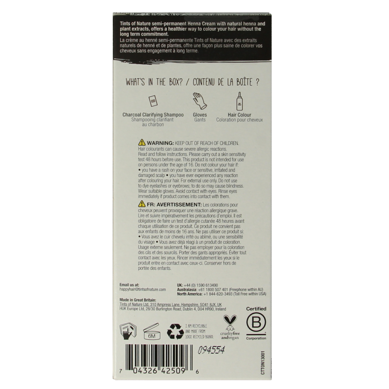 Tints Of Nature dark brown henna cream hair dye in 70ml tube, semi-permanent hair coloring for natural-looking rich brown hair.