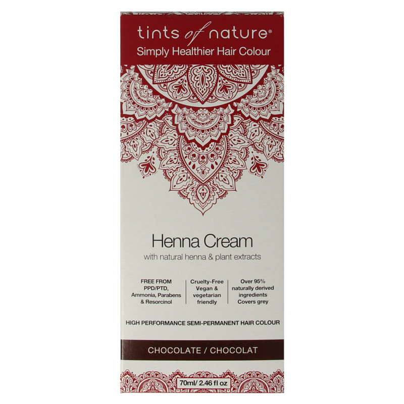 Tints Of Nature Henna cream hair dye in chocolate, semi-permanent hair coloring cream in 70ml tube, natural hair coloring product