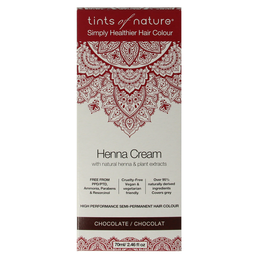 Tints Of Nature Henna cream hair dye in chocolate, semi-permanent hair coloring cream in 70ml tube, natural hair coloring product