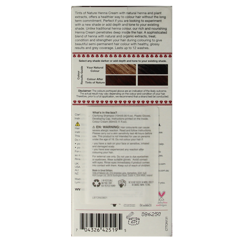 Tints Of Nature henna cream hair dye in chocolate shade, semi-permanent hair coloring cream, 70ml bottle for natural hair coloring.