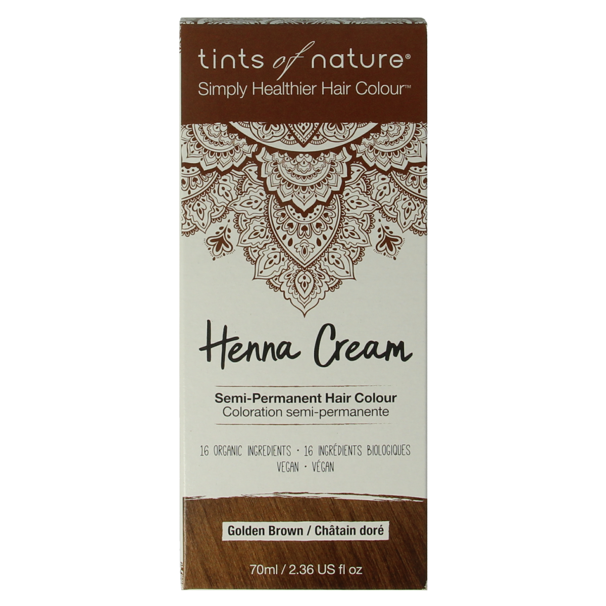 Tints of Nature golden brown henna cream hair dye in 70ml tube, semi-permanent hair coloring for natural-looking results.