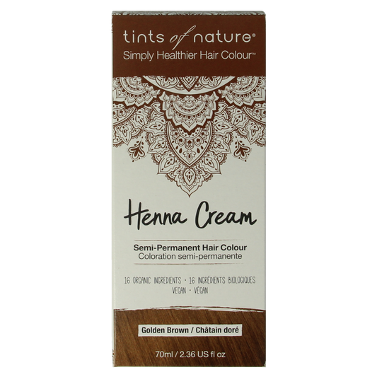 Tints of Nature golden brown henna cream hair dye in 70ml tube, semi-permanent hair coloring for natural-looking results.