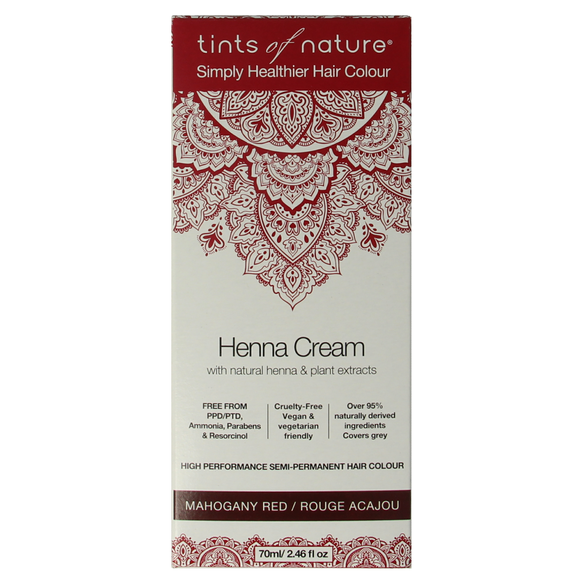 Tints Of Nature Mahogany Red Henna cream hair dye in 70ml semi-permanent hair coloring tube, natural henna formulation.