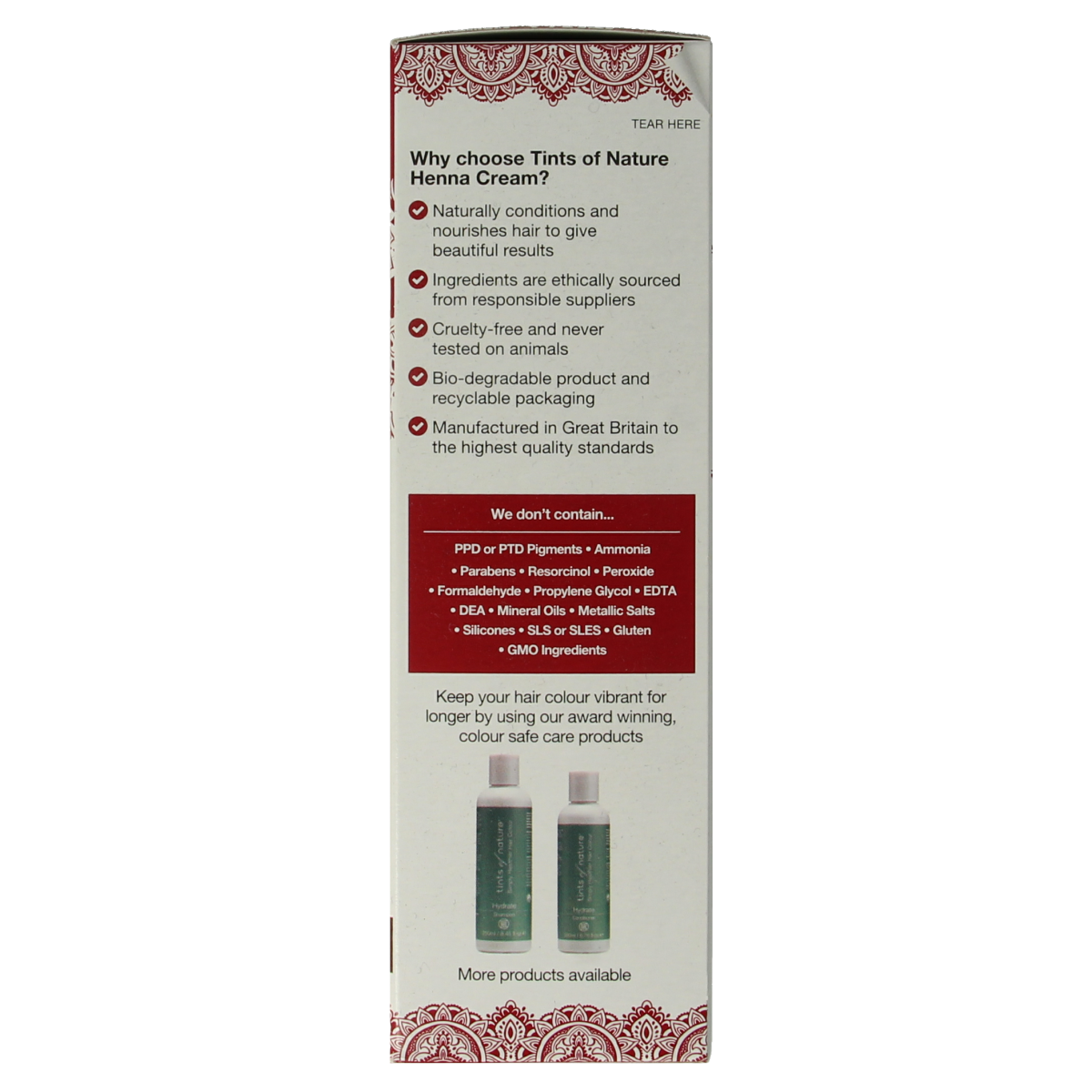 Tints Of Nature Mahogany Red Henna Cream for semi-permanent hair coloring, 70ml, showing the cream and packaging.