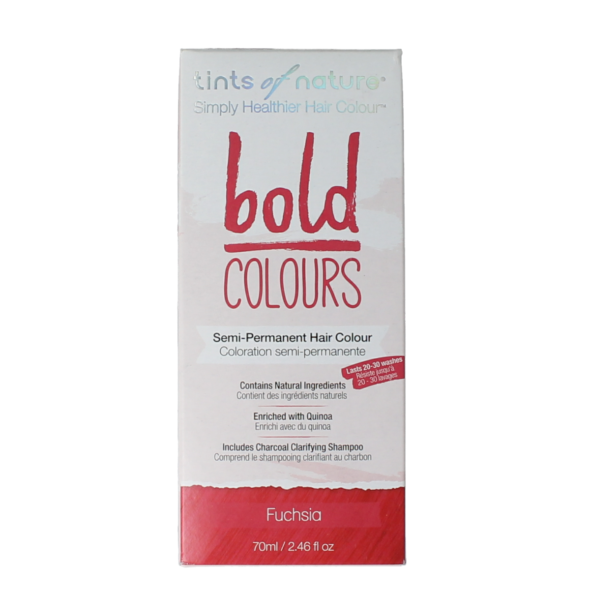 Tints Of Nature Bold Fuchsia 1.00 hair coloring set showing vibrant pink hair dye tubes and applicator in a kit.