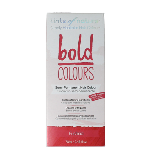 Tints Of Nature Bold Fuchsia 1.00 hair coloring set showing vibrant pink hair dye tubes and applicator in a kit.