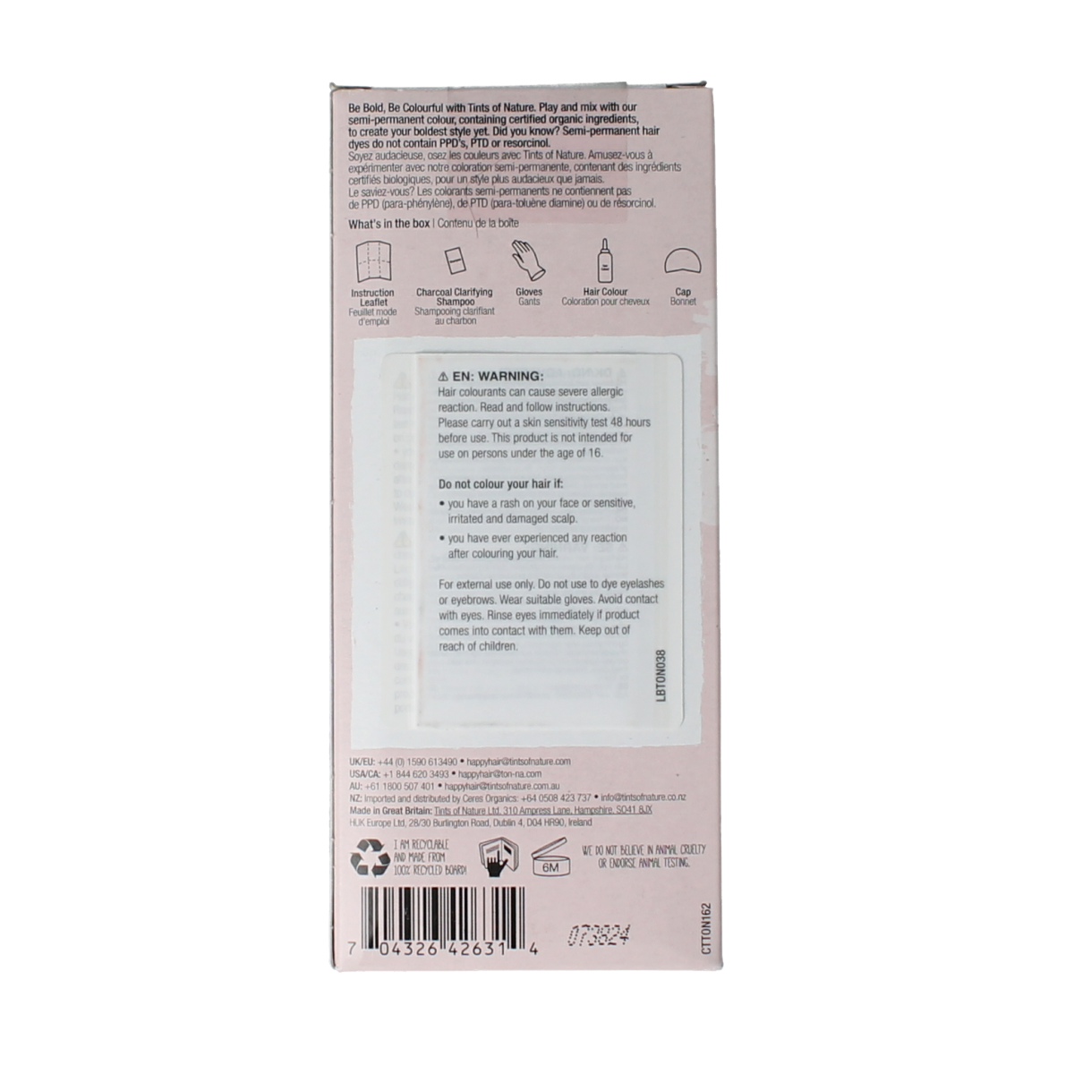 Tints Of Nature Bold Fuchsia 1.00 hair coloring set with vibrant pink hair dye and applicator tools.