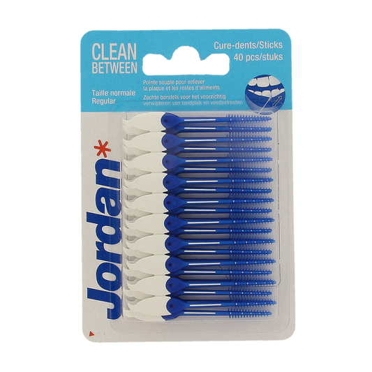 Jordan Clean between sticks regular dental sticks and ragers, 40 pieces, for oral hygiene and gum care.