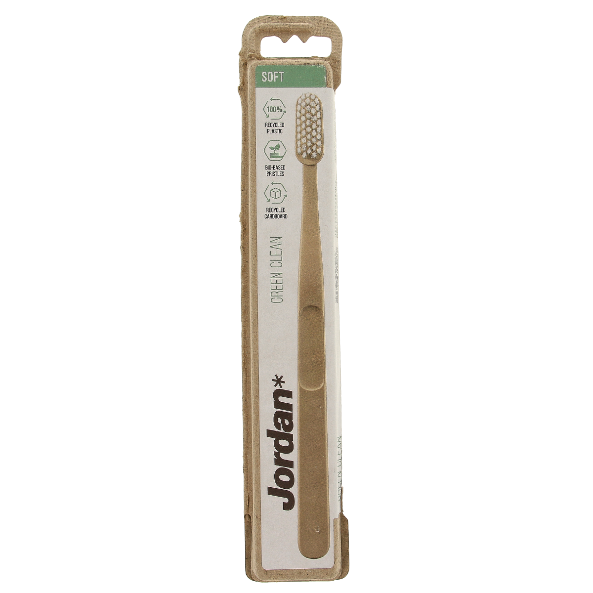 Jordan green soft toothbrush for gentle cleaning, shown with one toothbrush in the image.