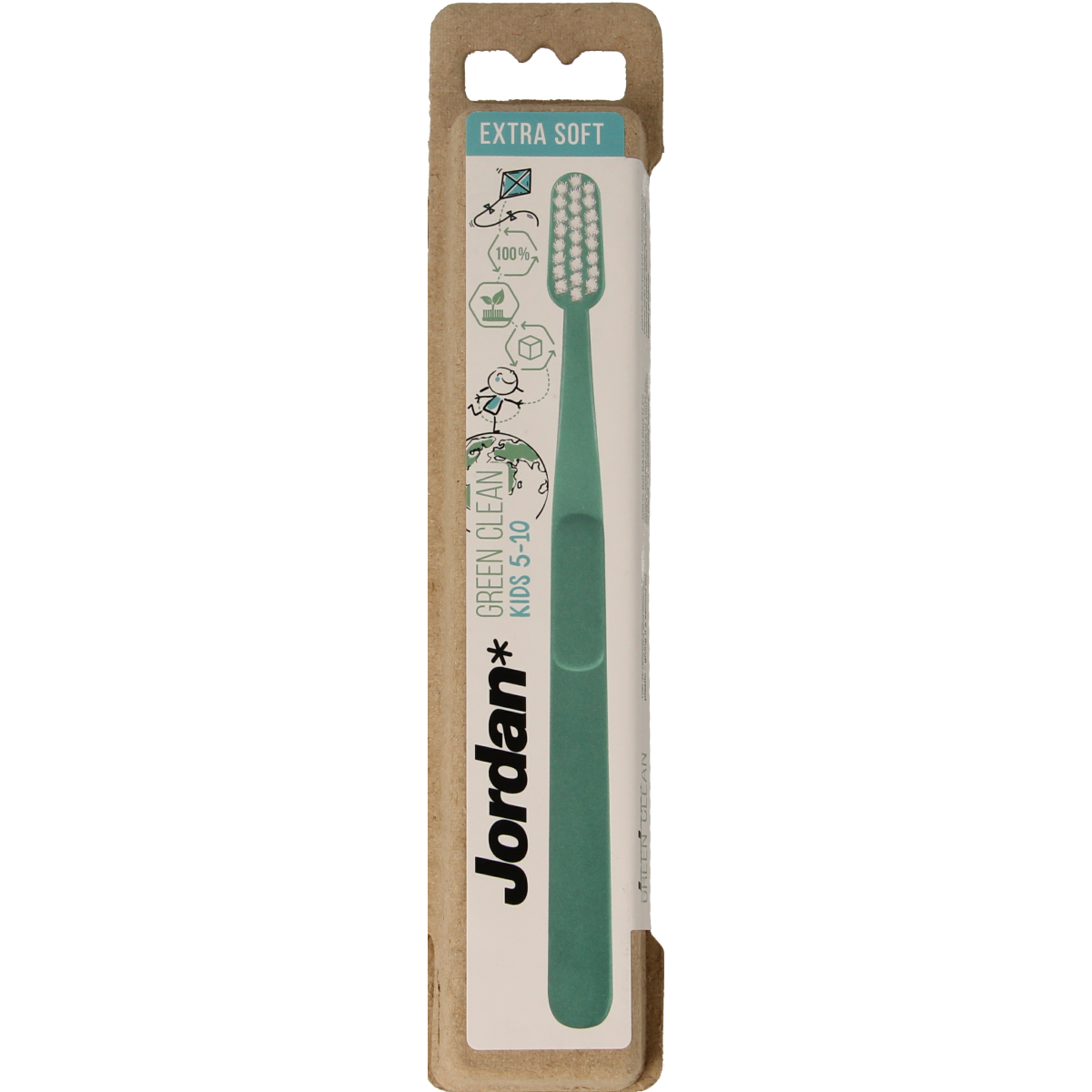 Jordan Green Clean Kids extra soft toothbrush, green handle, suitable for children, shown with soft bristles in the image.