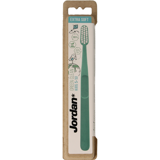Jordan Green Clean Kids extra soft toothbrush, green handle, suitable for children, shown with soft bristles in the image.