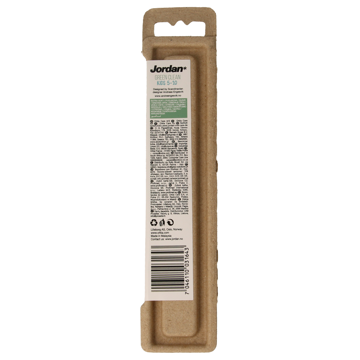 Jordan Green Clean Kids extra soft toothbrush, green handle, close-up of soft bristles for gentle cleaning.