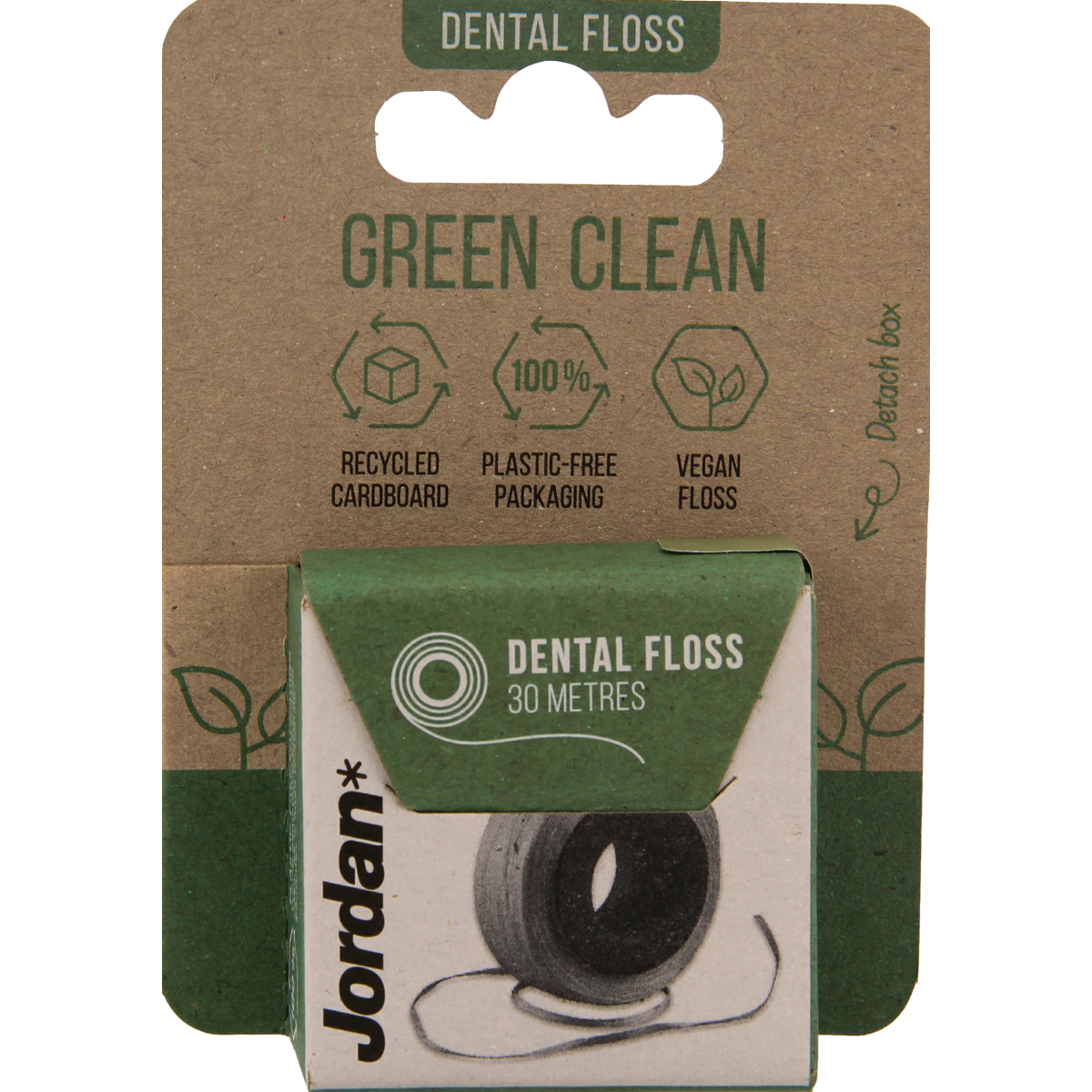 Jordan Green Clean Floss, 30-meter dental floss for oral hygiene and brushing control, shown in a close-up image.