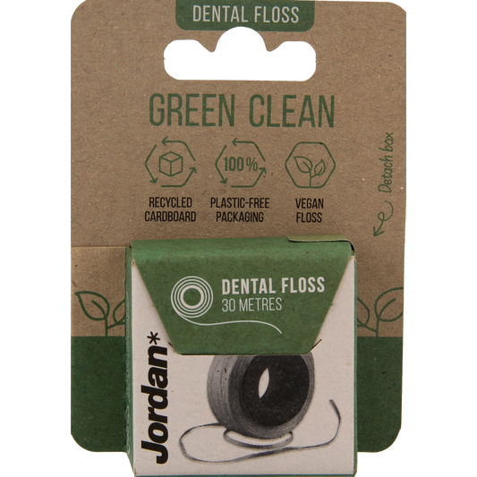 Jordan Green Clean Floss, 30-meter dental floss for oral hygiene and brushing control, shown in a close-up image.