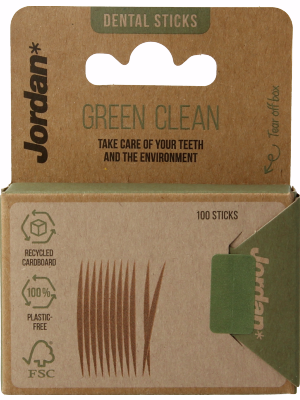 Jordan Green Clean tandenstoker dun pack of 100, thin dental floss picks for oral care, shown in the image.