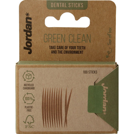 Jordan green clean tandenstoker dun pack with 100 disposable dental floss picks for oral hygiene.