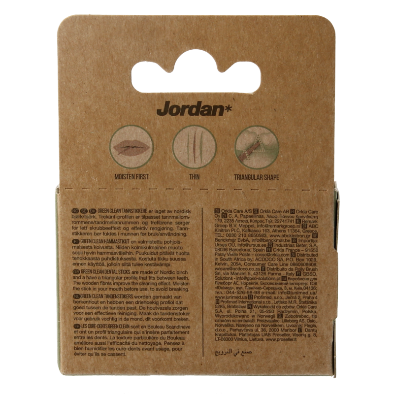 Jordan Green Clean tandenstoker dun pack of 100, soft dental picks and flossers for oral hygiene, shown in the image.