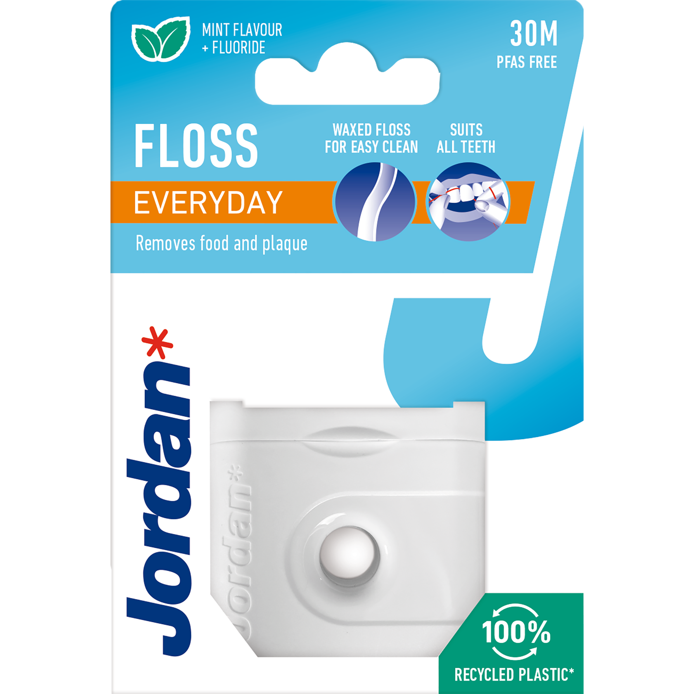 Jordan Everyday dental floss 50 meters for oral hygiene and brushing control, displayed in a clear image.