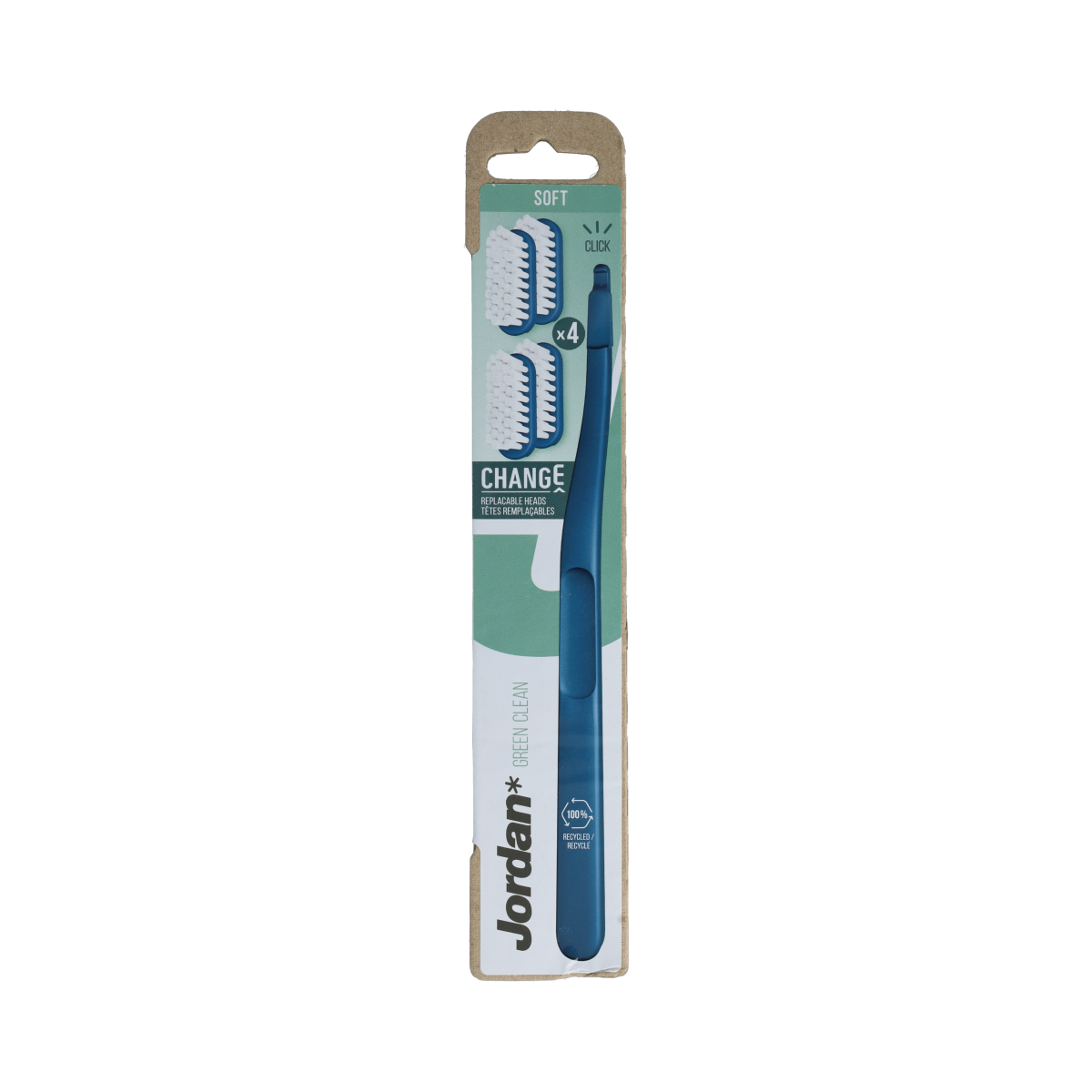 Jordan Green Clean Change soft toothbrushes, 4-pack, featuring green handles and soft bristles for gentle oral cleaning.
